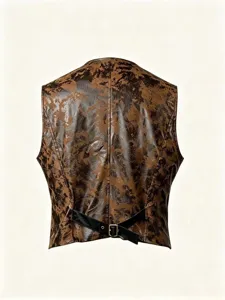 Men's brown distressed faux leather waistcoat back view fashion casual vest jacket