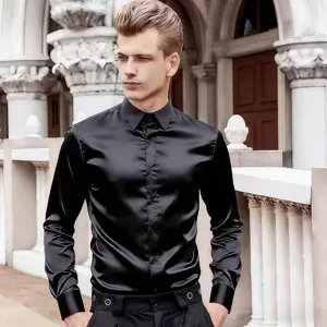 Men's Casual Long Sleeve Shirt Satin Gloss Turn Down Collar Single Breasted Cardigan Loose Fit Fashion Nightclub Top