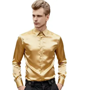 Men's golden satin long sleeve button-up shirt, elegant minimalist casual party wear top.