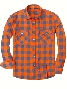 Men's casual long sleeve flannel plaid shirt, orange grey check button down tops for men.