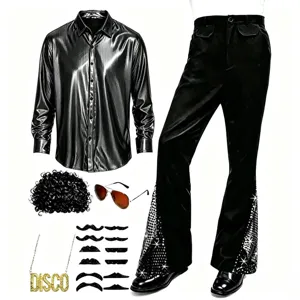 Ensemble costume disco homme années 70 chemise brillante pantalon patte d'eph rétro