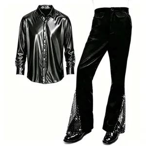 Ensemble de costume de scène rétro disco pour hommes chemise brillante et pantalon.
