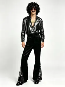 Ensemble de costume disco rétro pour homme, avec chemise brillante et pantalon patte d'eph.