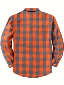 Back view detail of men's orange grey plaid flannel long sleeve button down shirt.