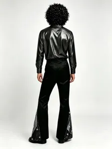 Ensemble costume disco rétro homme chemise métallisée manches longues pantalon évasé