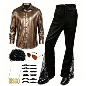 Ensemble de costume disco années 70 pour homme avec chemise, pantalon patte d'eph et perruque.