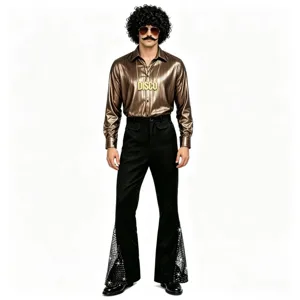 Costume disco homme années 70 chemise dorée pantalon évasé tenue de scène rétro.