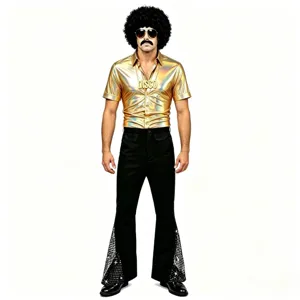Costume homme disco rétro chemise dorée brillante et pantalon évasé pour fête.