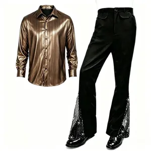 Ensemble chemise disco métallique rétro et pantalon à patte d'eph pour spectacle.