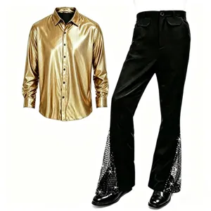 Ensemble retro disco homme chemise doree manches longues et pantalon patte d'elephant