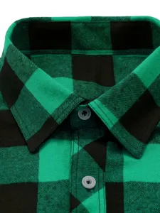 Close-up detail of mens green and black buffalo plaid flannel shirt collar and buttons.
