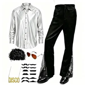 Costume Disco Homme Années 70 Chemise Brillante Pantalon Patte d'Éléphant pour Fête