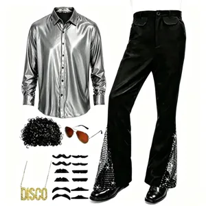 Ensemble de costume disco pour homme tenue rétro années 70 avec chemise brillante et pantalon