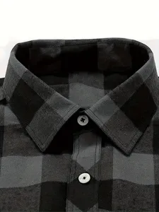 Men's black grey plaid flannel shirt detail, casual long sleeve button down shirt.