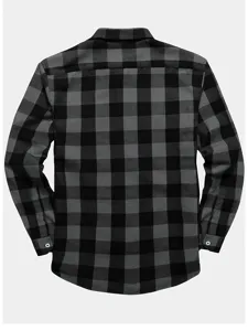 Men's black grey plaid flannel long sleeve casual shirt back view detail design