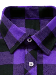 Men casual flannel plaid shirt collar detail view, soft fabric texture close-up display.