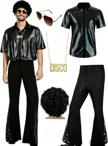 Ανδρικό Ρετρό Σετ Κοστουμιού Performance Disco Μακρυμάνικο Πουκάμισο με Πούλιες Παντελόνι Καμπάνα Αξεσουάρ Party
