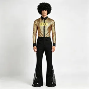 Ensemble Chemise Manches Longues et Pantalon Patte d'Éléphant Pailleté Disco Vintage Homme Costume Rétro Années 70
