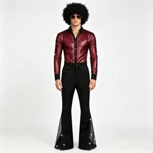 Costume rétro disco homme chemise manches longues métallisées pantalon patte d'eph scène.