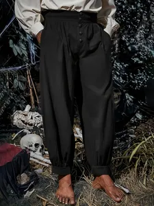 Medieval Gothic men casual trousers detail, high waist with vintage buttons, cuffed hem.