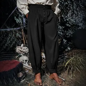 Men's vintage medieval pirate gothic high-waist buttoned casual trousers, black main view.