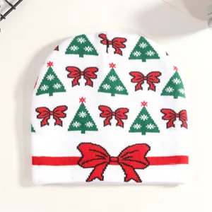 Christmas knitted beanie hat with festive tree and bow patterns for winter daily outdoor warm wear.