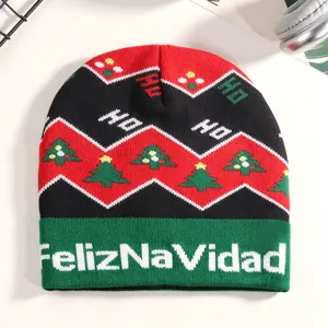 Christmas knitted beanie hat with Feliz Navidad lettering and festive winter style
