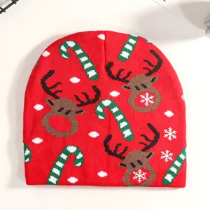 Christmas knitted beanie red winter hat cute reindeer candy cane pattern festival street style