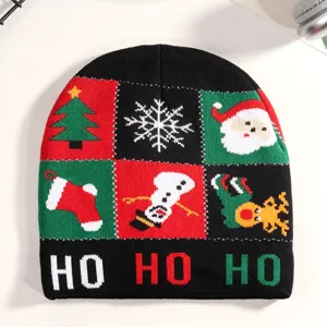 Christmas knit beanie hat featuring festive holiday patterns and warm winter woolen material.