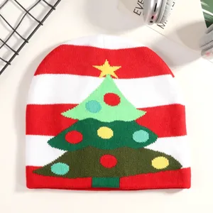Christmas knitted beanie hat with festive red white stripes and cute tree pattern winter warm cap