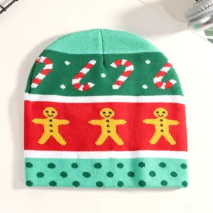 Close-up detail of a festive Christmas knitted beanie featuring gingerbread men and candy canes.