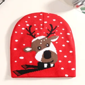 Christmas knit beanie featuring a cute reindeer and snow pattern, perfect for winter daily wear.