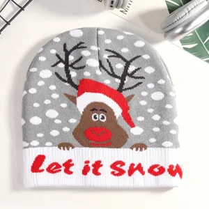 Christmas knit beanie winter warm hat with cute reindeer pattern and soft fleece fabric