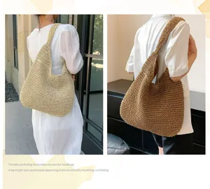Handgemaakte geweven stro schoudertas, grote casual strand shopper tas voor dagelijks gebruik.