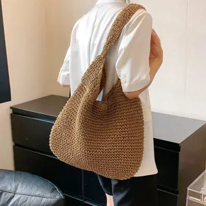 Geweven stro schoudertas voor dames, grote casual strand tote bag en comfortabele hobo tas.