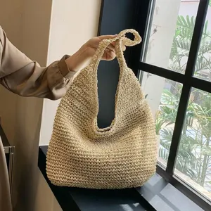 Geweven stro schouderstas voor dames, grote casual strandshopper tas met handvat.