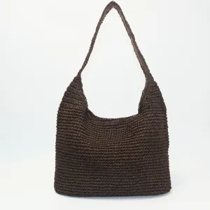 Bruine stro gehaakte schoudertas voor vrouwen, handgemaakte grote strand tote tas.