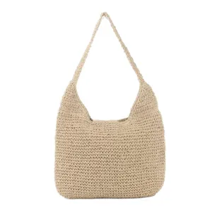 Minimalistische beige geweven stro schoudertas, casual grote handtas voor strandvakantie.