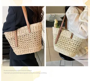 Detail view of the hand-woven straw tote bag with leather straps and large capacity style.