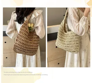 Detailed view of the hollow straw woven tote bag, handmade summer beach shoulder bag style.