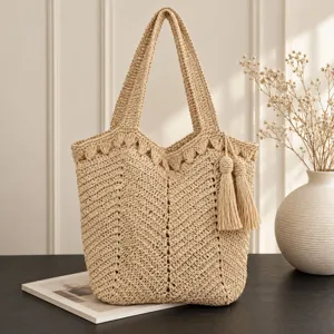Große Kapazität Gewebte Stroh Tragetasche Für Damen Minimalistische Papierseil Umhängetasche Sommer Strand Urlaub Handtasche