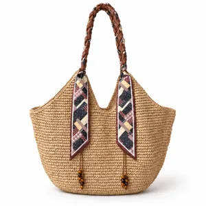 Woven straw tote bag for women large capacity shoulder handbag with chic patterned scarf.