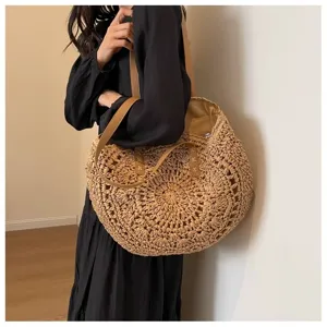 Grote ronde geweven stro schoudertas handgemaakte strand tote tas voor vrouwen zomer