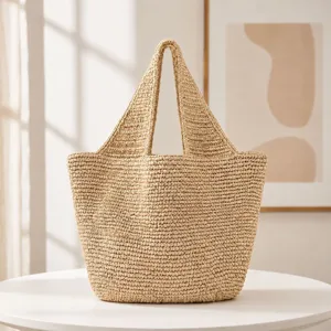 Grand Capacité Sac Cabas en Paille de Papier Fait Main pour Femmes Tissé Décontracté Vacances Plage Sac à Bandoulière Été