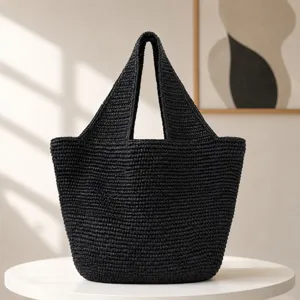 Sac cabas tressé noir en paille pour femme, grand sac à épaule pour les vacances d'été.
