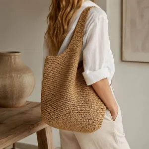 Sac à épaule en paille tissée à la main, grand fourre-tout décontracté pour vacances et plage.