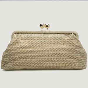 Beige Gewebte Stroh Clutch Tasche Elegante Goldene Kugel Abendtasche für Strand Urlaub