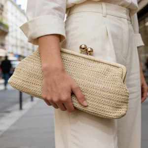 Geflochtene Stroh Clutch Tasche für Damen, elegante Abendtasche Strandtasche mit Metall.