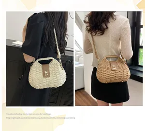 Woven straw shoulder bag for women, stylish handmade crossbody handbag with turn-lock closure.