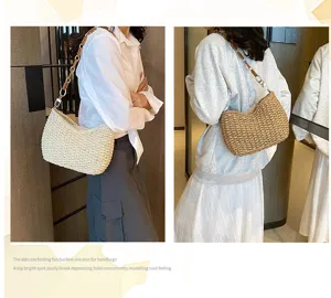 Women woven straw shoulder bag, stylish chain handbag, ideal for summer beach holidays.
